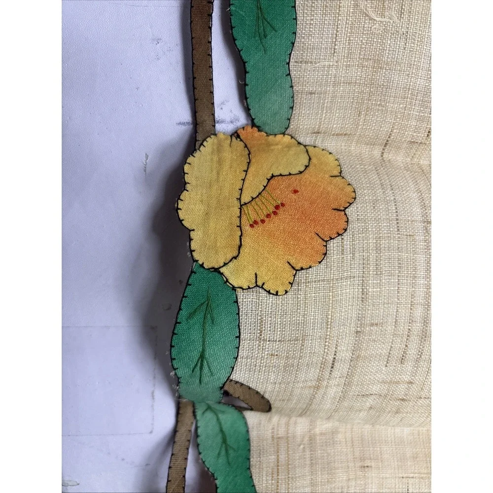 Antique Oval Shape Linen Doily‎ Hand Appliqued Poppy Flowers Poppies 34 Inch